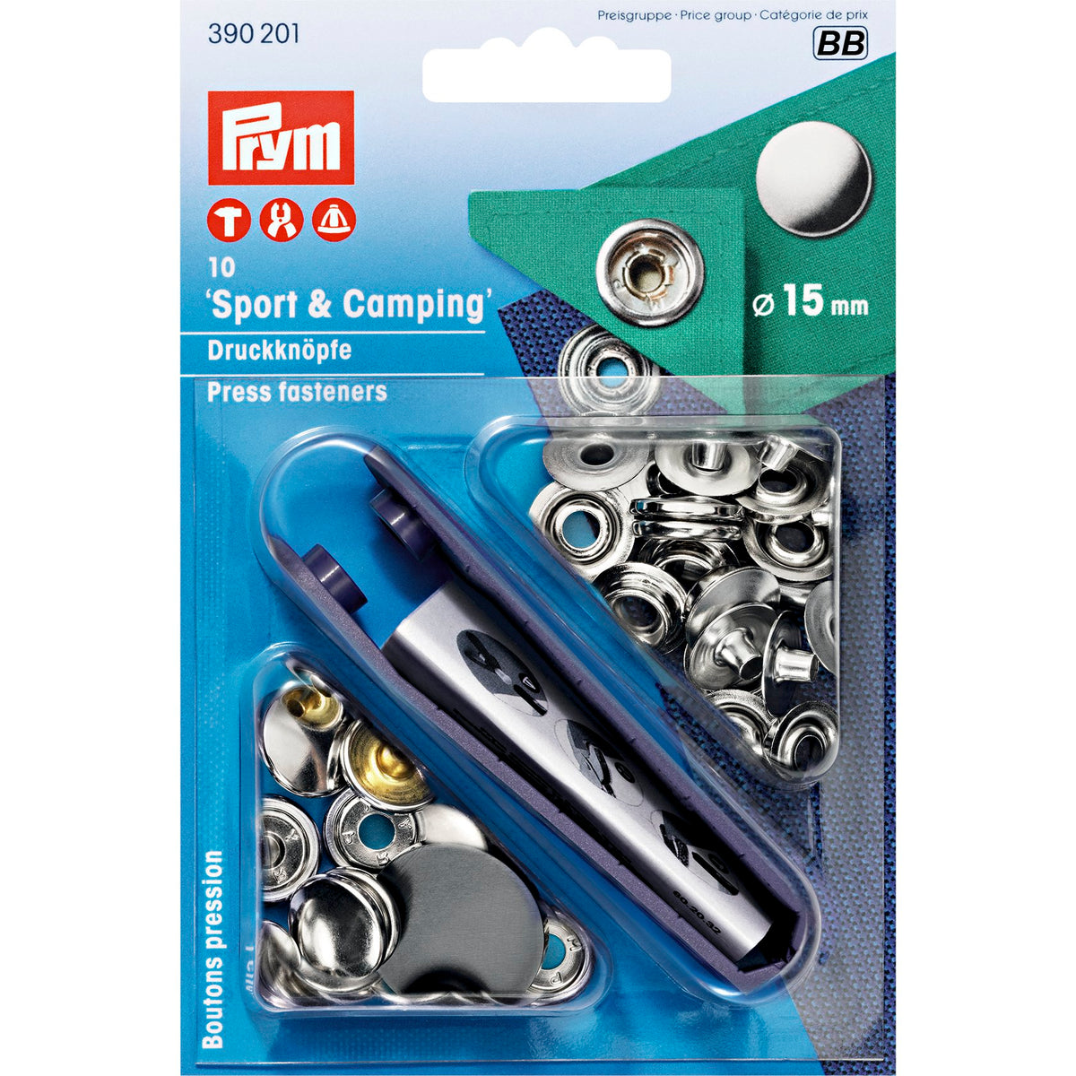 Prym Non-sew fasteners SPORT&CAMPING brass 15mm - 3 colour options