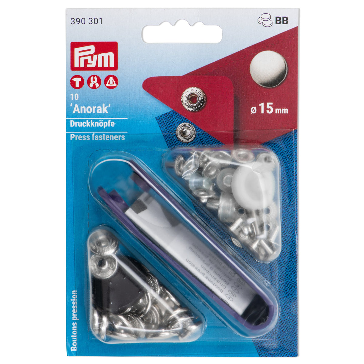 Prym Non-sew fasteners ANORAK brass 15 mm - 8 colour options