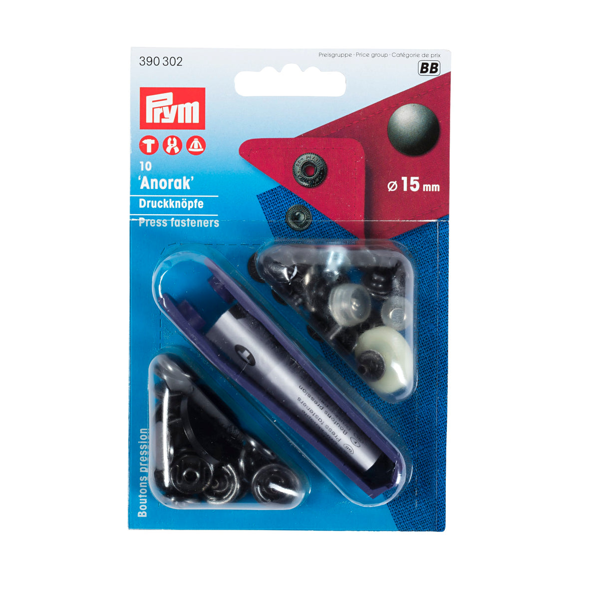 Prym Non-sew fasteners ANORAK brass 15 mm - 8 colour options