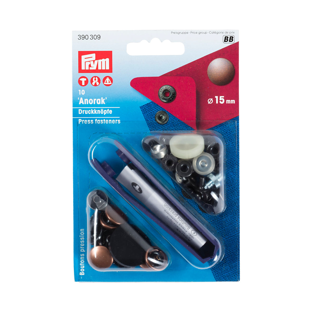 Prym Non-sew fasteners ANORAK brass 15 mm - 8 colour options