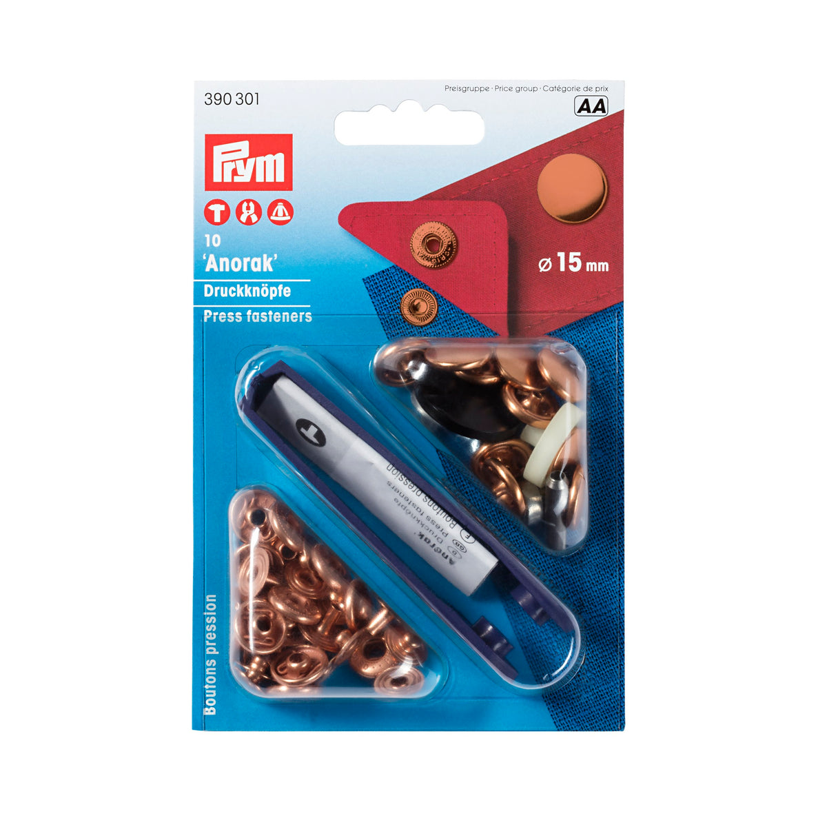 Prym Non-sew fasteners ANORAK brass 15 mm - 8 colour options