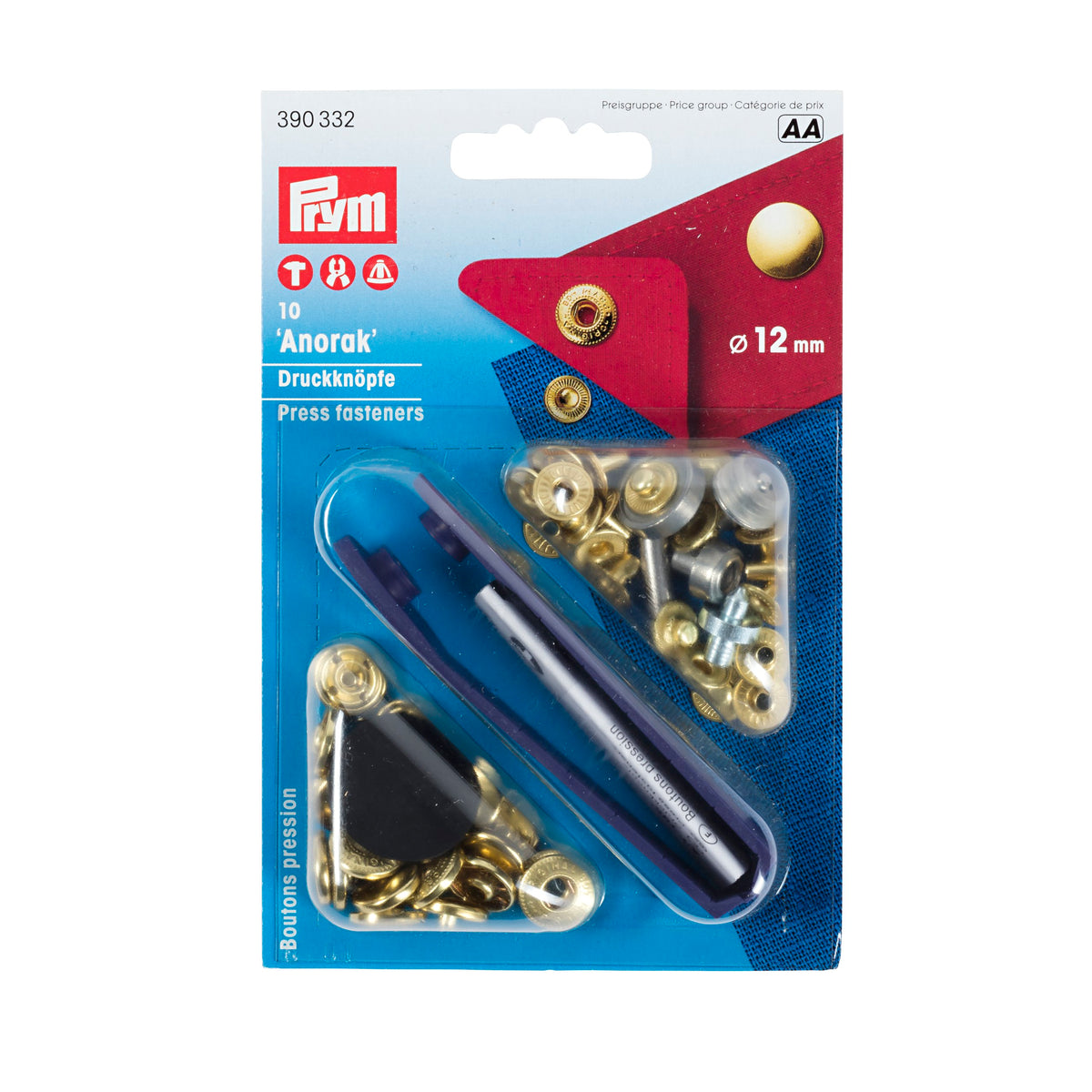 Prym Non-sew fasteners ANORAK brass 12 mm - 4 colour options