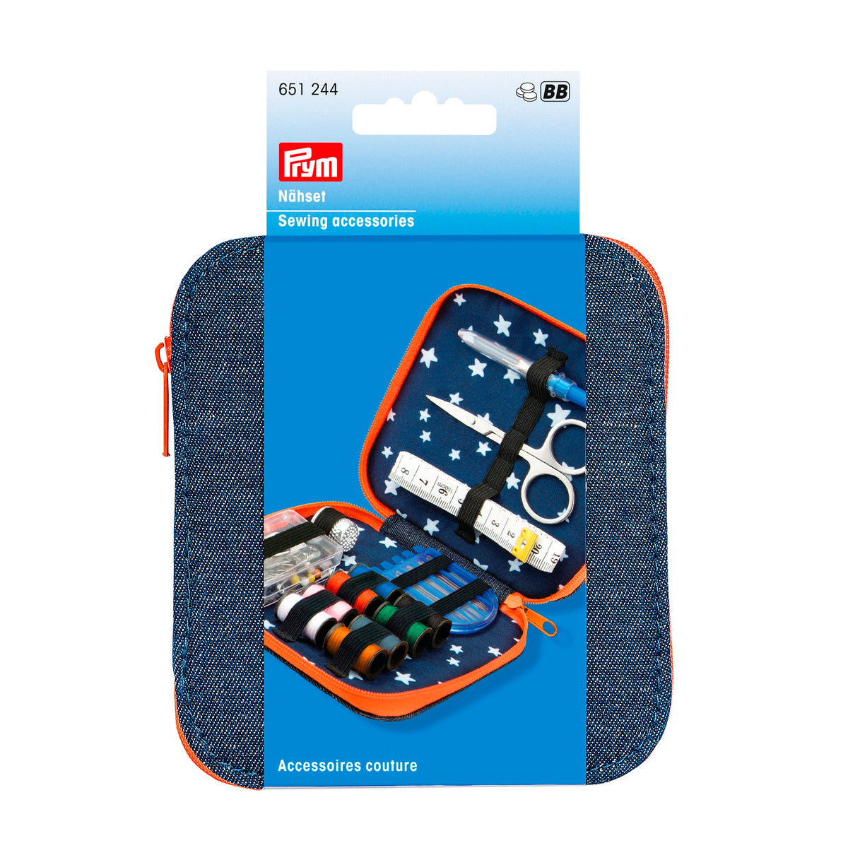 Prym Sewing accessories kit, denim, orange zip fastener