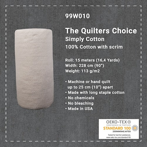 Quilters Choice - Simple Cotton Wadding 100% Cotton - COMPLETE ROLL (15m)