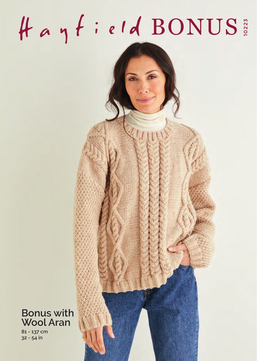 Hayfield 10223 Sweater in Bonus with Wool Aran pattern cover