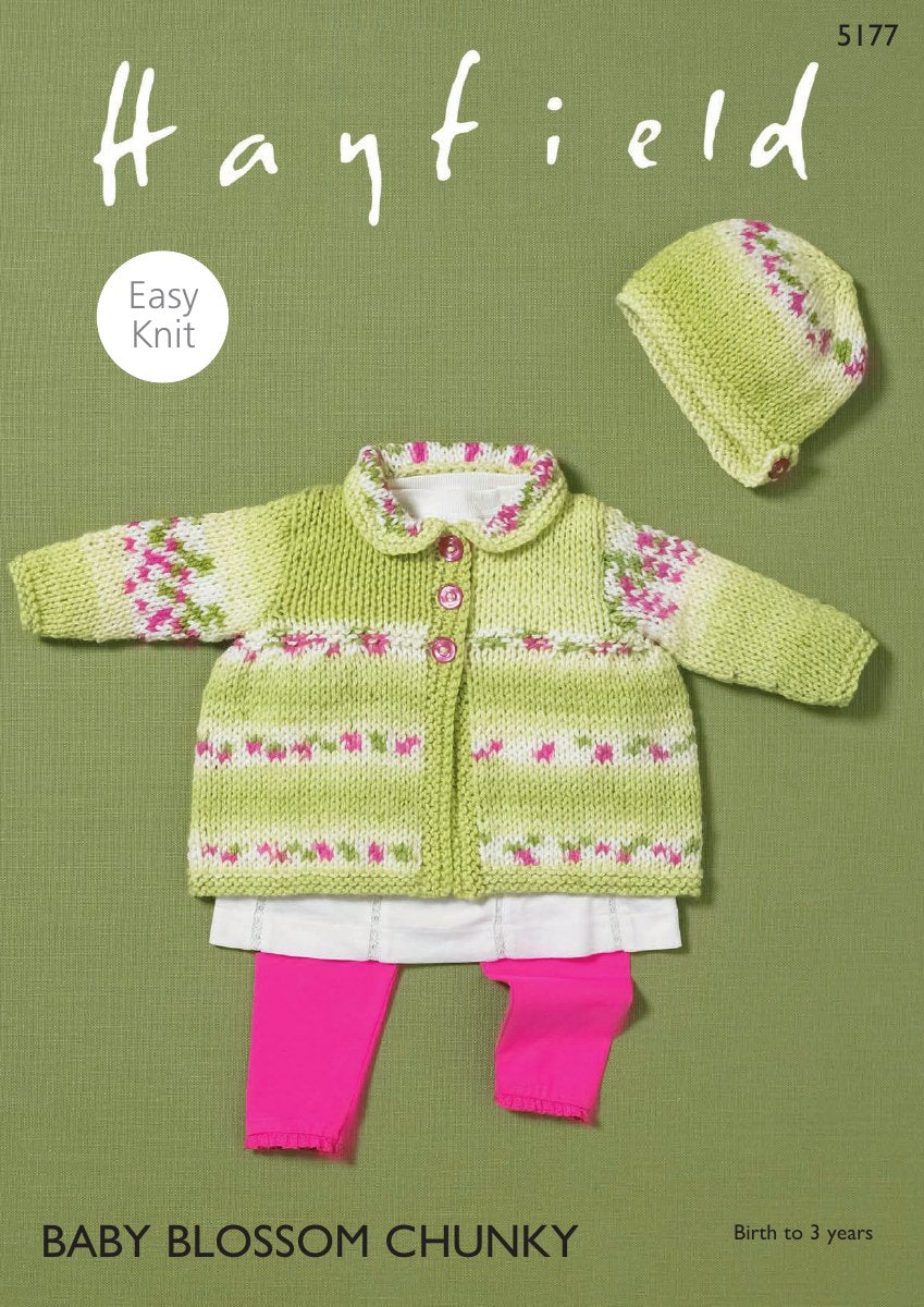 Hayfield 5177 Matinee Coat & Bonnet in Baby Blossom Chunky pattern cover