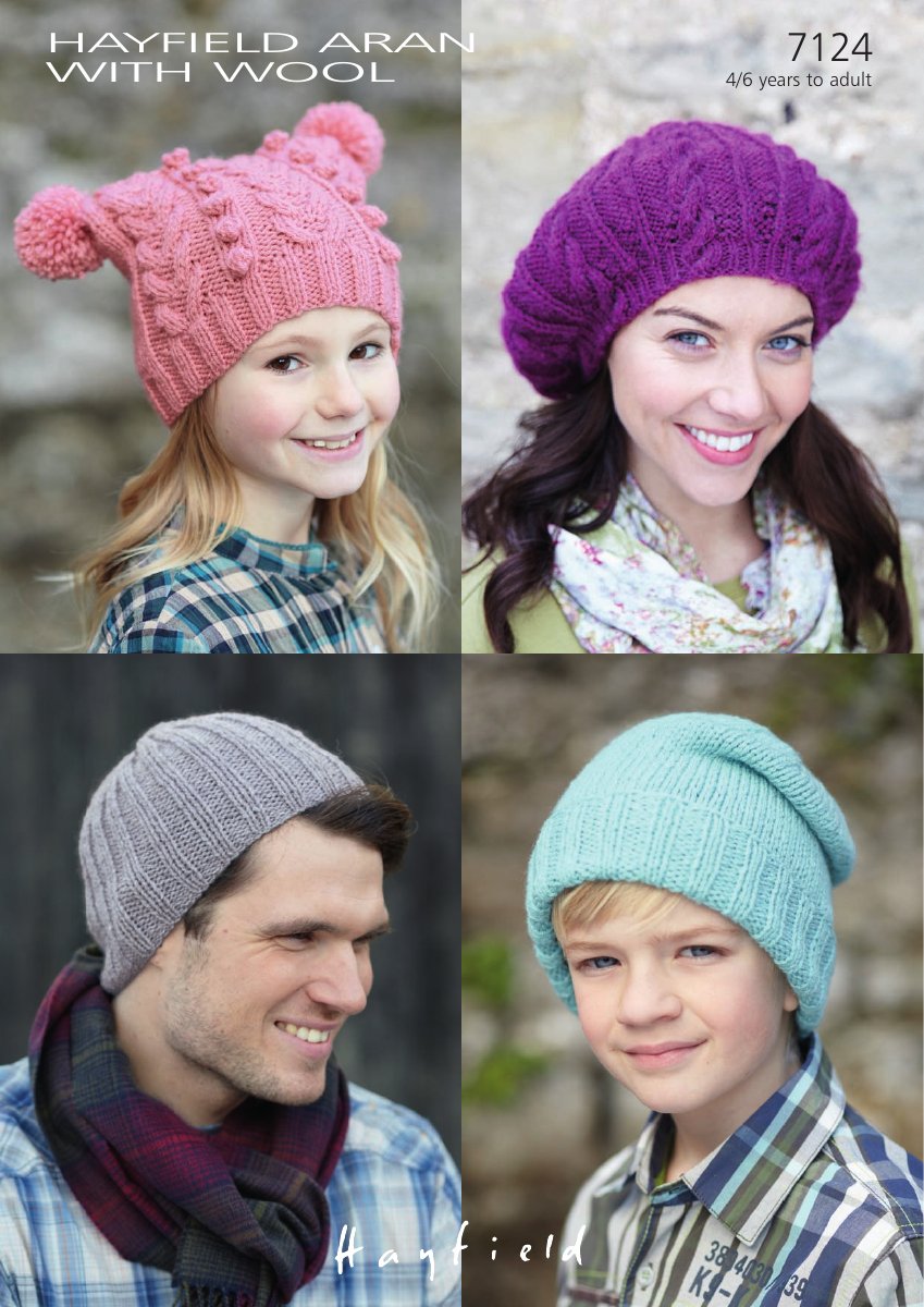 Hayfield 7124 Hats in Aran with Wool pattern cover