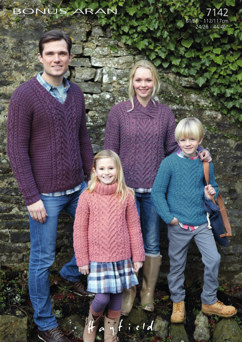 Hayfield 7142 Sweaters in Bonus with Wool Aran pattern cover