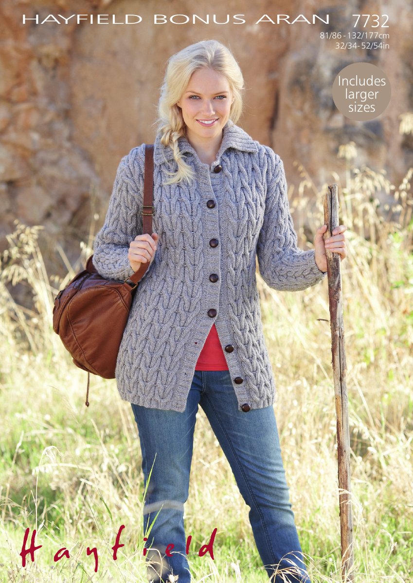 Hayfield 7732 Cardigan in Bonus with Wool Aran pattern cover