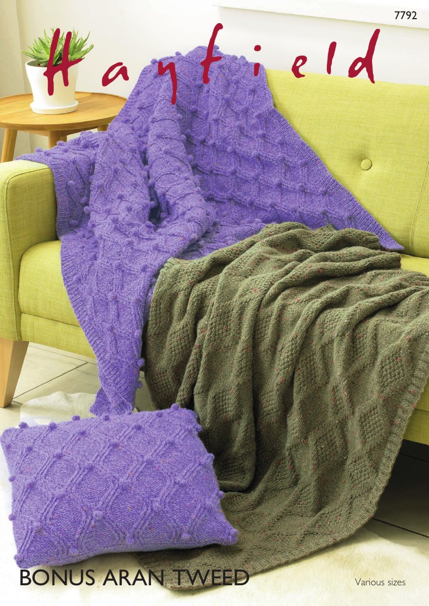 Hayfield 7792 Blankets & Cushion Cover in Bonus Aran Tweed pattern cover