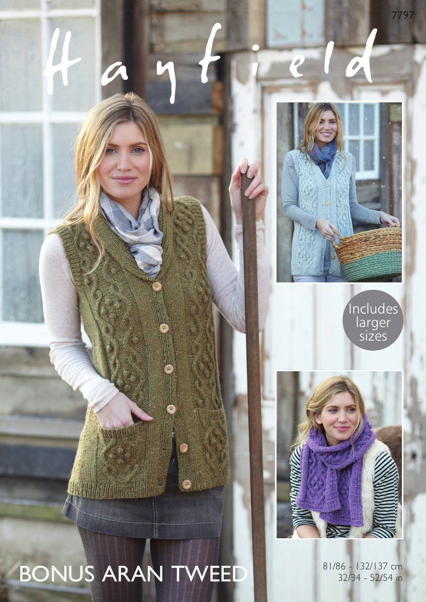 Hayfield 7797 Waistcoats & Scarf in Bonus Aran Tweed pattern cover