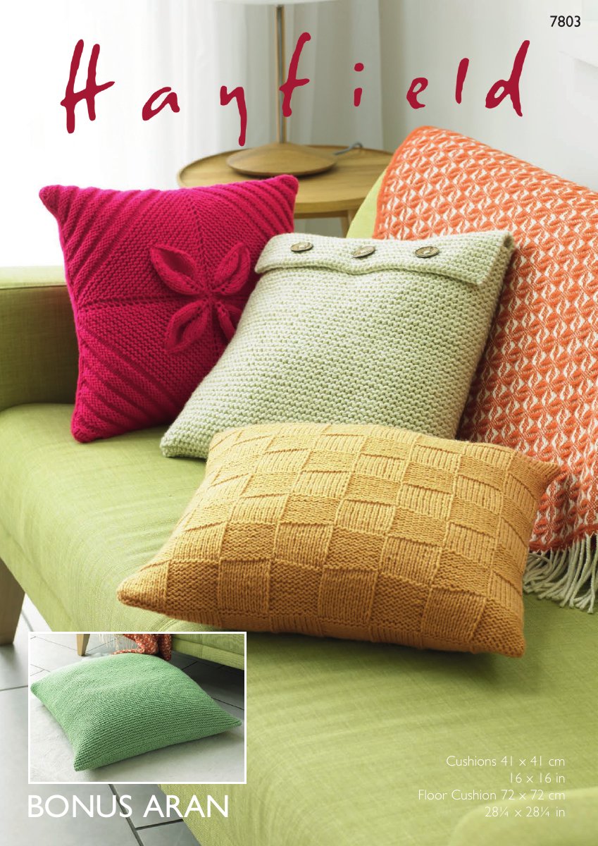Hayfield 7803 Cushion Covers in Bonus with Wool Aran pattern cover