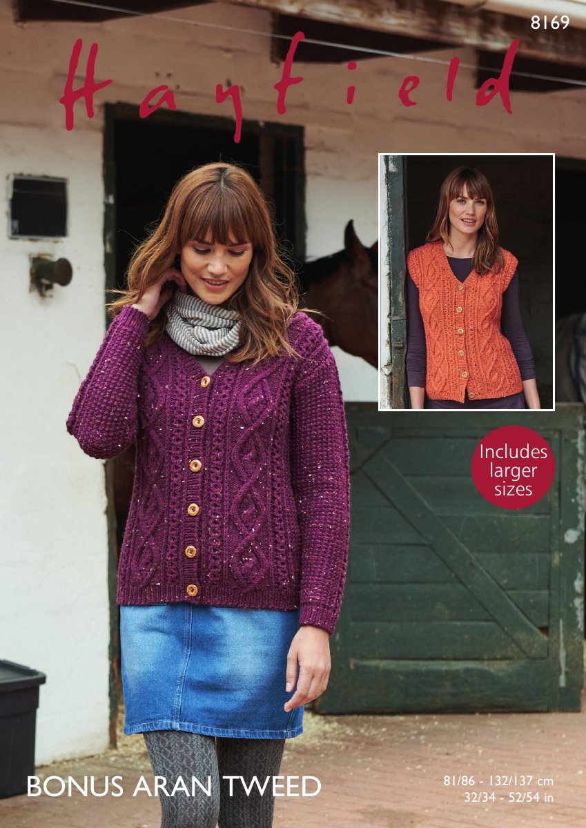 Hayfield 8169 Cardigan and Waistcoat in Bonus Aran Tweed pattern cover