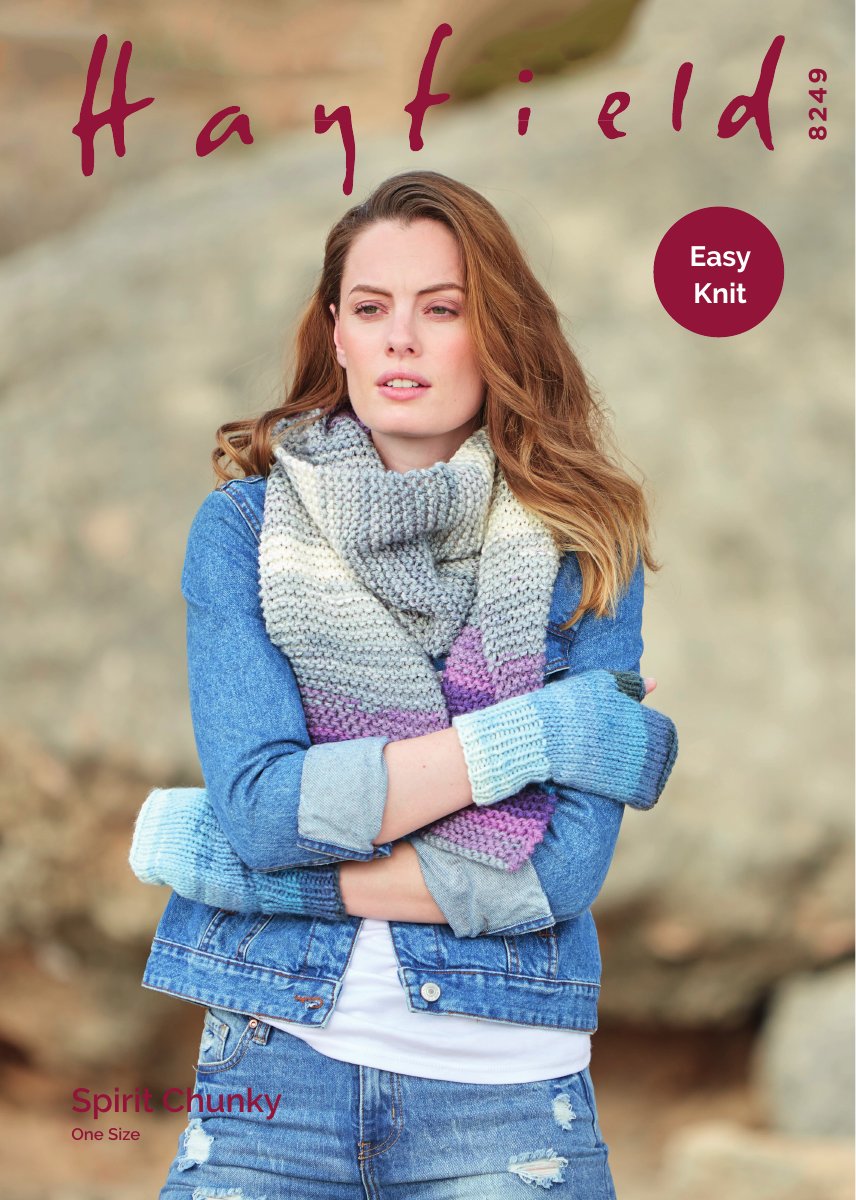 Hayfield 8249 Woman's Wrist Warmers and Scarf in Spirit Chunky pattern cover