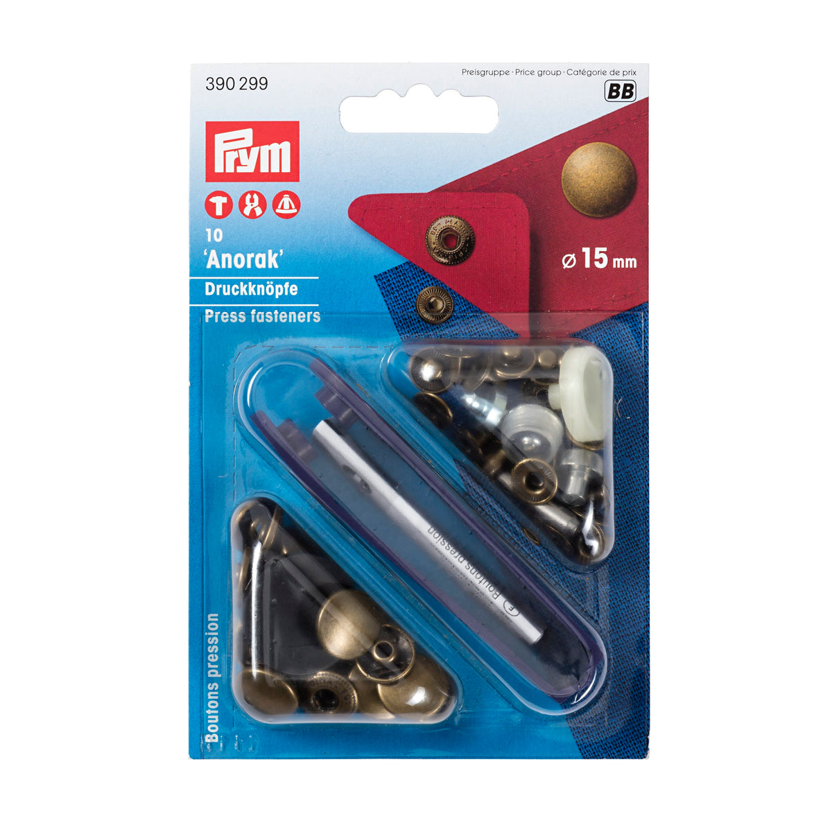 Prym Non-sew fasteners ANORAK brass 15 mm - 8 colour options