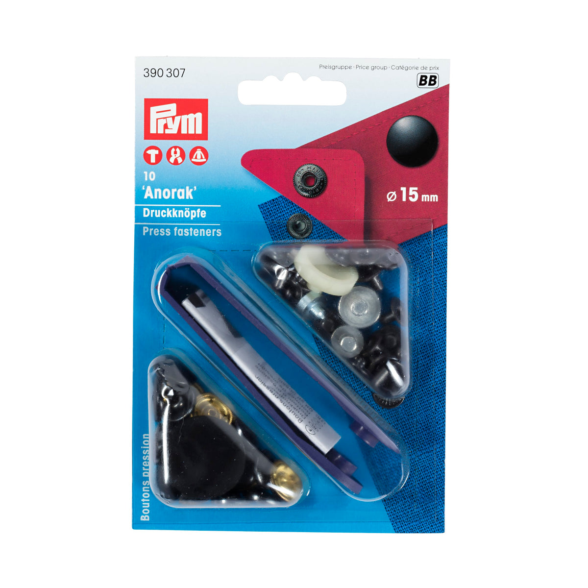 Prym Non-sew fasteners ANORAK brass 15 mm - 8 colour options