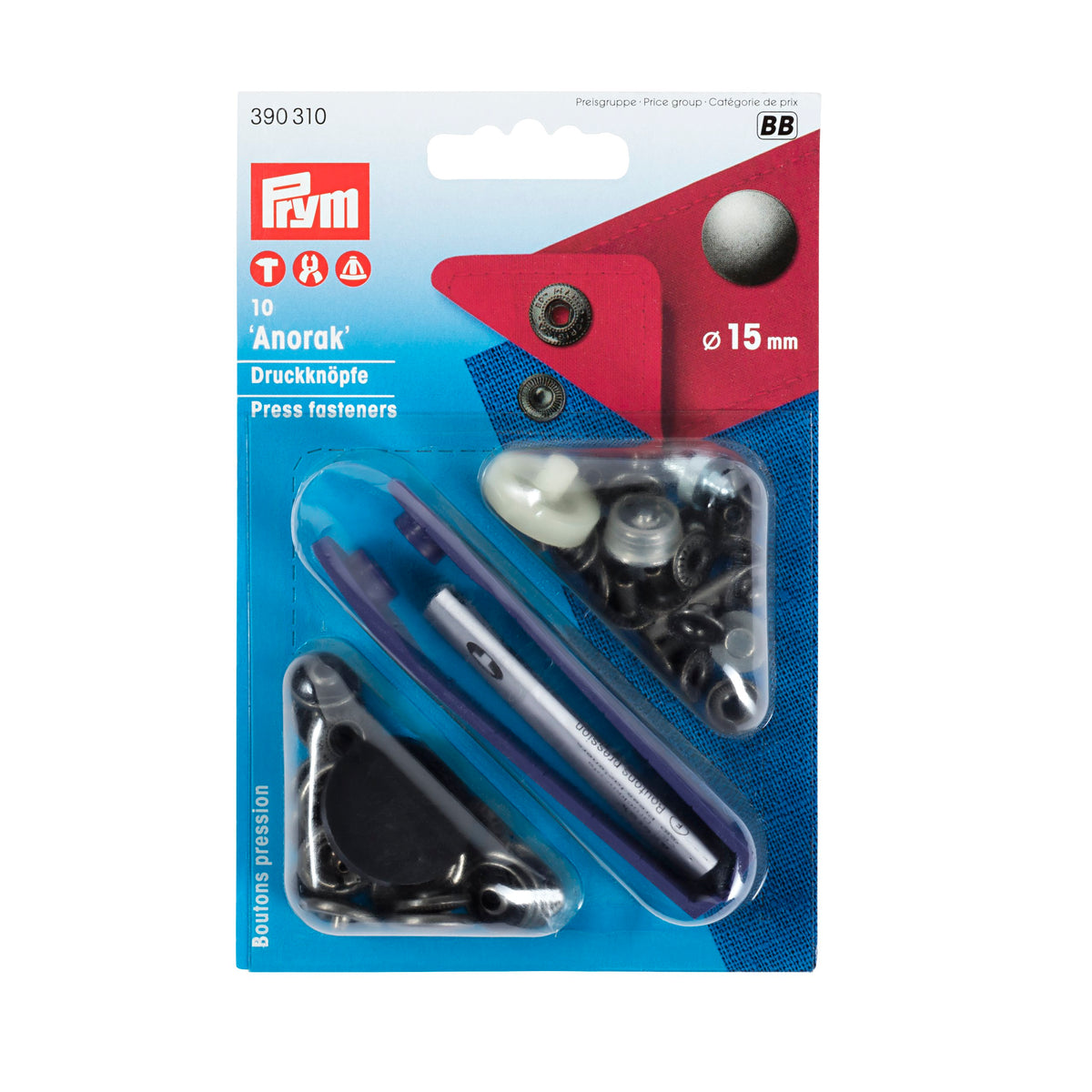 Prym Non-sew fasteners ANORAK brass 15 mm - 8 colour options