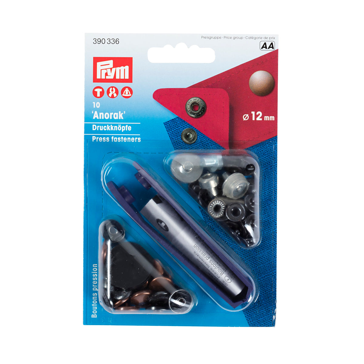 Prym Non-sew fasteners ANORAK brass 12 mm - 4 colour options