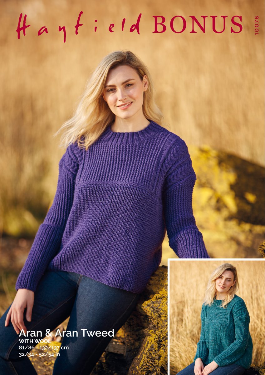 Hayfield 10076 Sweater in Bonus with Wool Aran pattern cover