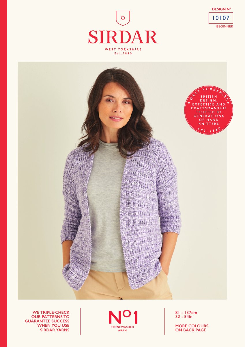 Sirdar 10107 Cardigan in No.1 Stonewashed Aran pattern cover