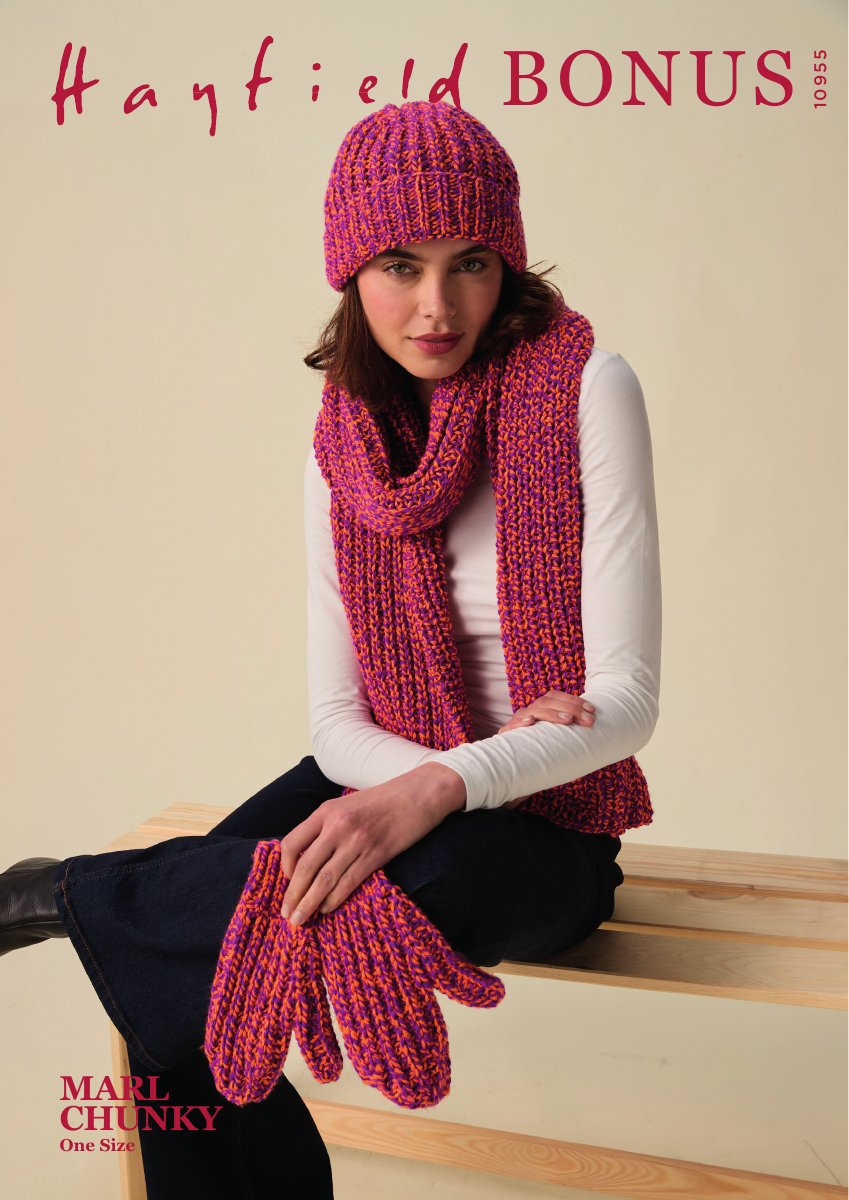 Hayfield 10955 Hat, Mittens & Scarf in Bonus Marl Chunky pattern cover