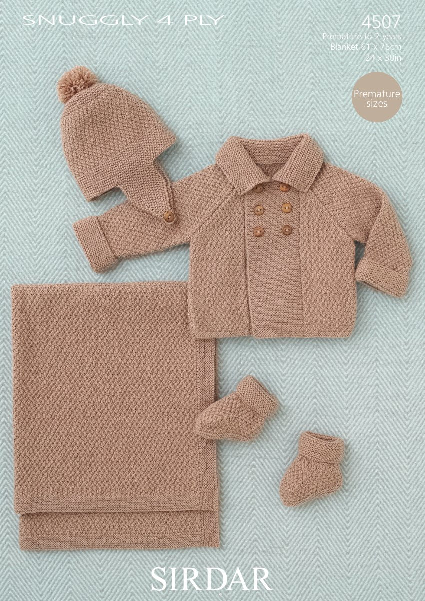 Sirdar 4507 Baby Boys' Coat, Helmet, Bootees and Blanket in Snuggly 4 Ply pattern cover
