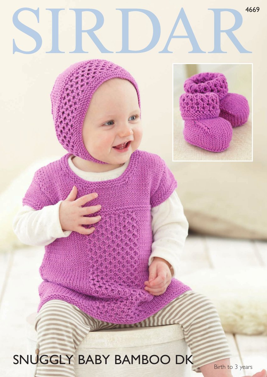 Sirdar 4669 Dress, Bonnet and Bootees in Snuggly Baby Bamboo DK pattern cover