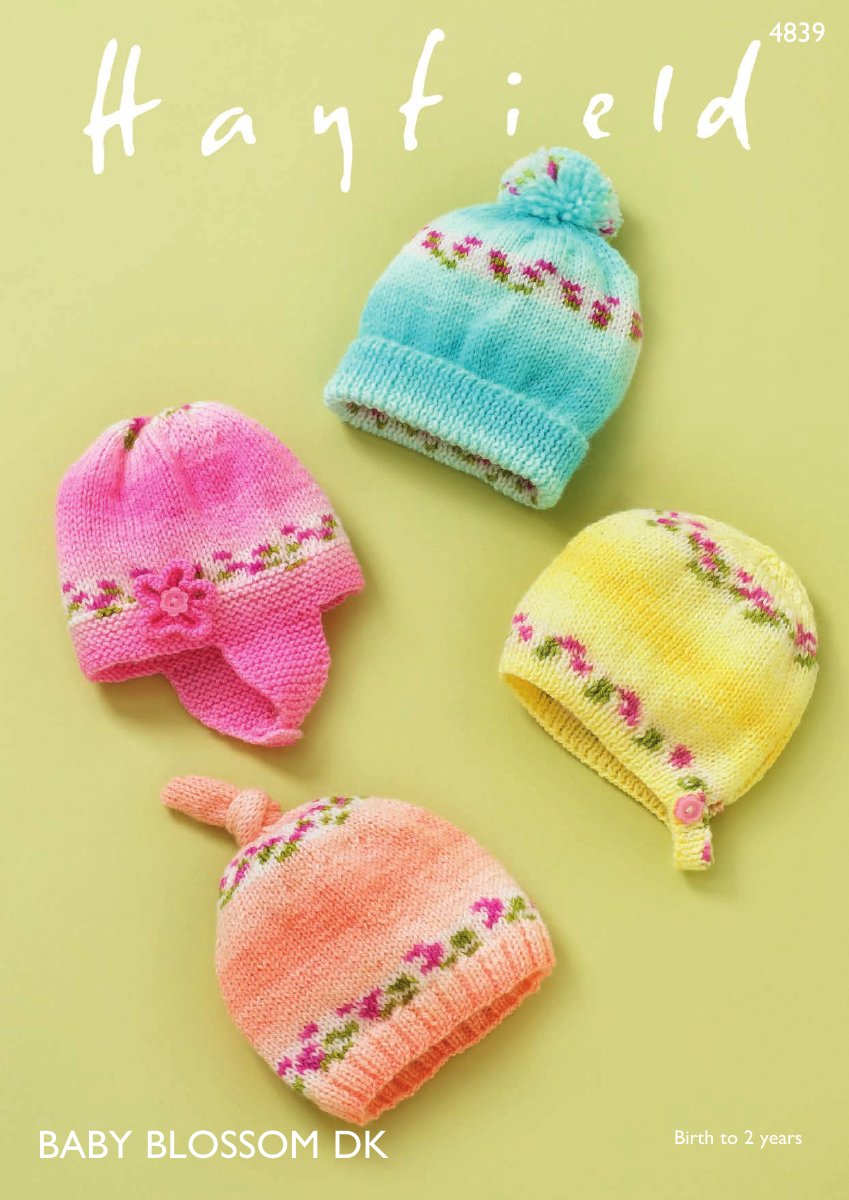 Hayfield 4839 Baby Hats in Baby Blossom DK pattern cover