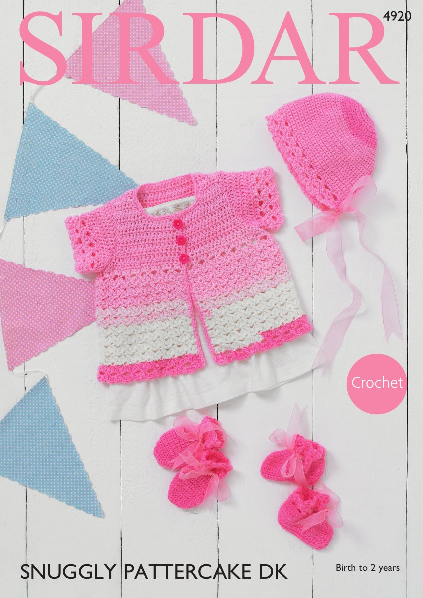 Sirdar 4920 Cardigan, Bonnet, Mittens & Bootees in Snuggly Pattercake DK pattern cover