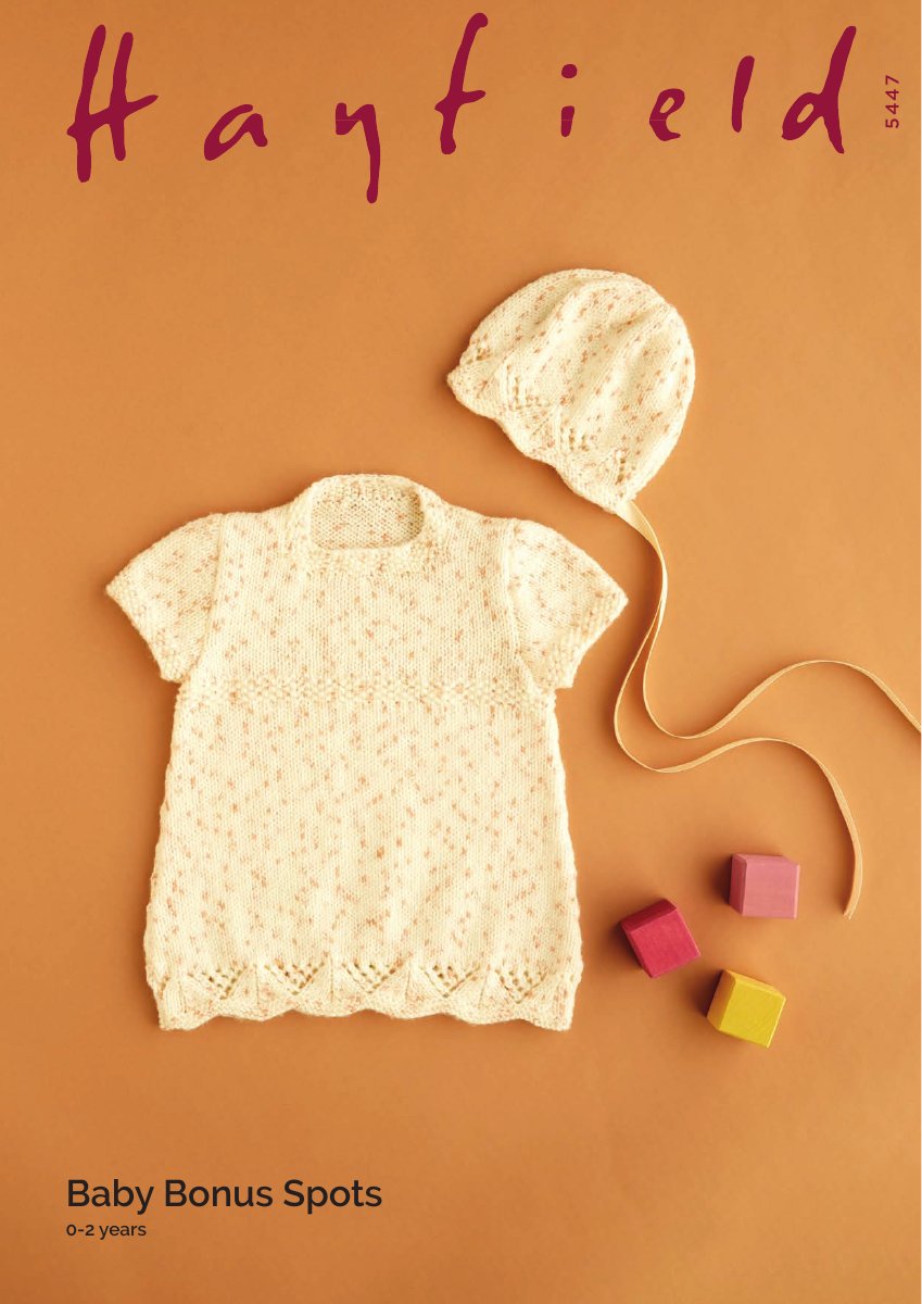 Hayfield 5447 Dress & Bonnet in Baby Bonus Spots DK pattern cover