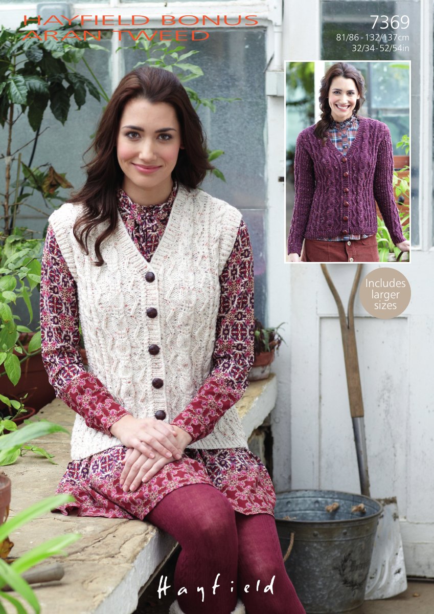 Hayfield 7369 Waistcoat & Cardigan in Bonus Aran Tweed pattern cover