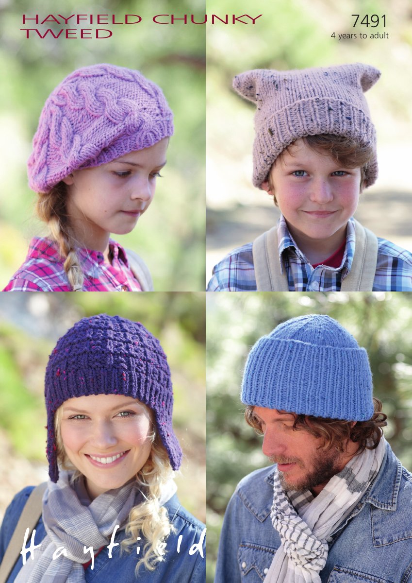 Hayfield 7491 Watch Cap, Helmet, T-bag Hat and Beret in Chunky Tweed pattern cover