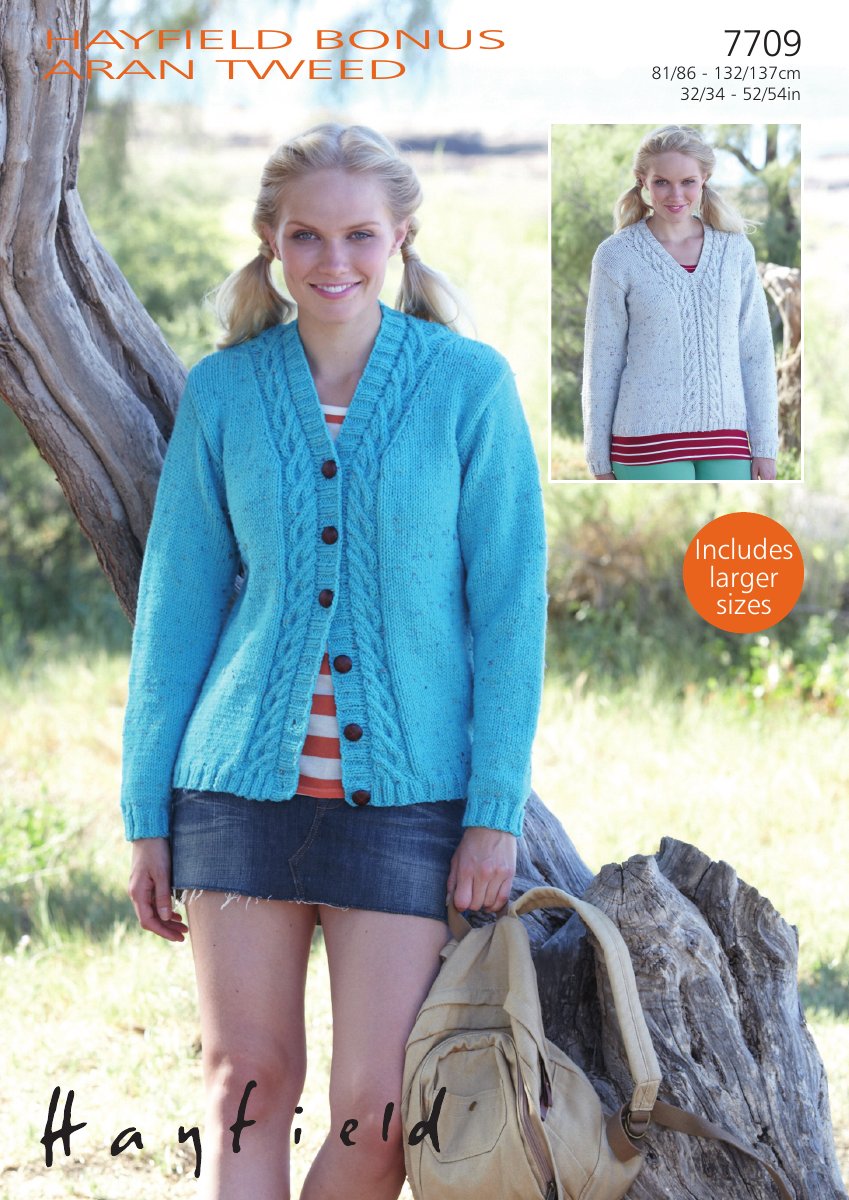 Hayfield 7709 Sweater & Cardigan in Bonus Aran Tweed pattern cover