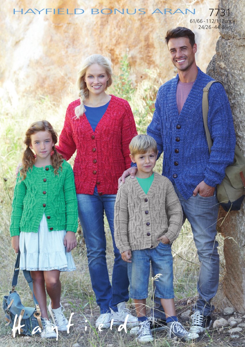 Hayfield 7731 Family Cardigans in Bonus with Wool Aran pattern cover