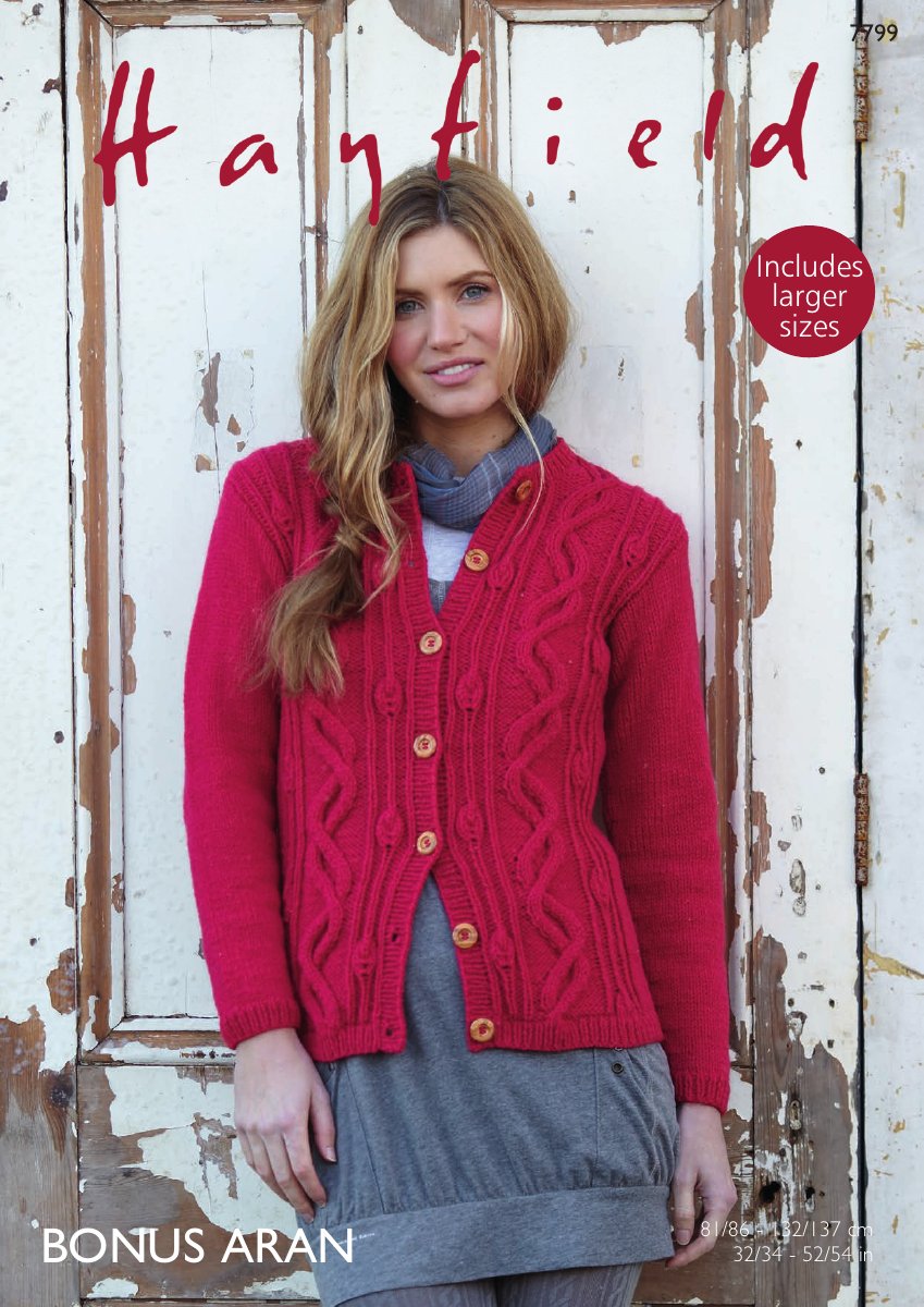Hayfield 7799 Cardigan in Bonus with Wool Aran pattern cover