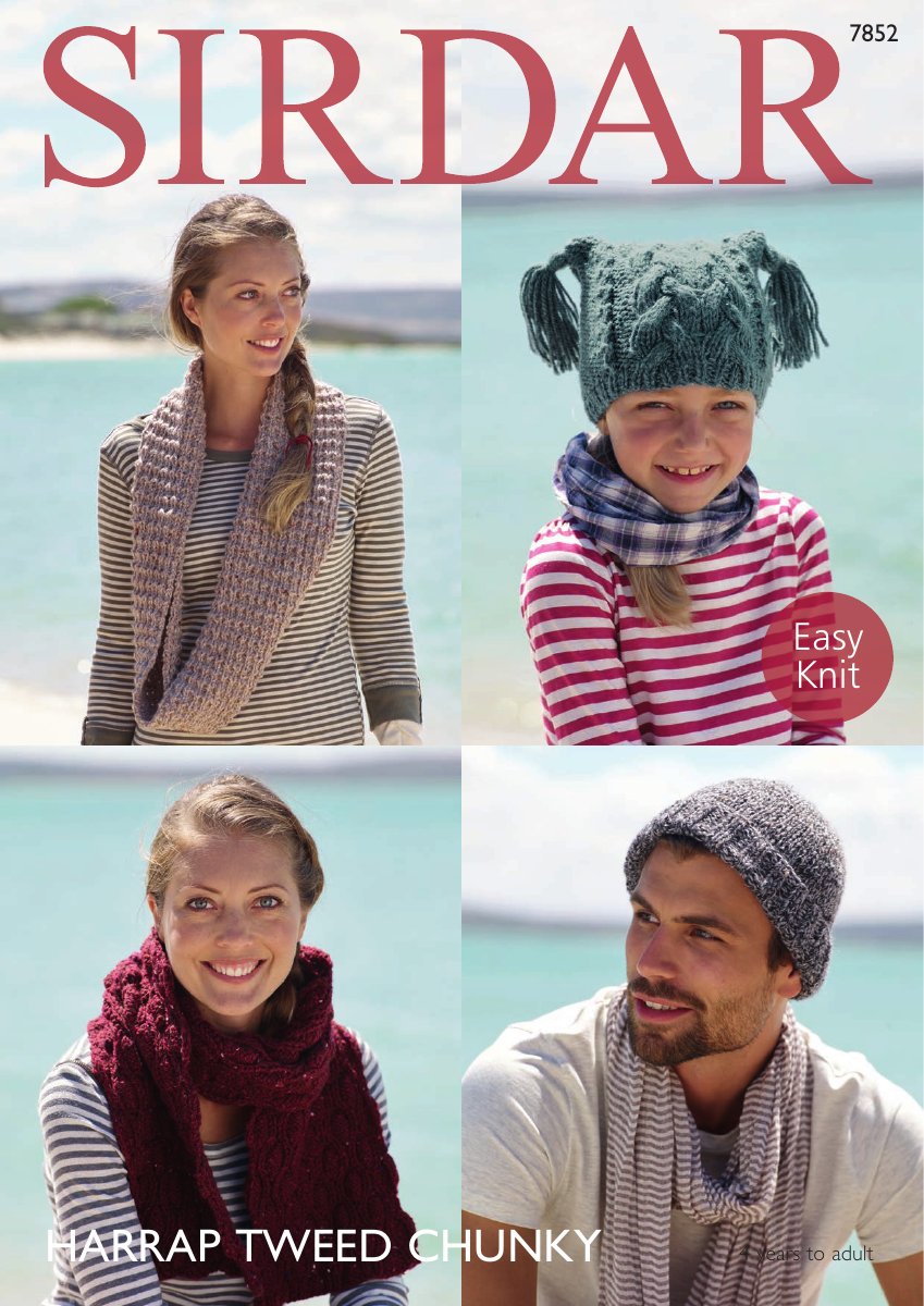 Sirdar 7852 T-bag Hat, Pull On Hat, Snood & Scarf in Harrap Chunky Tweed pattern cover