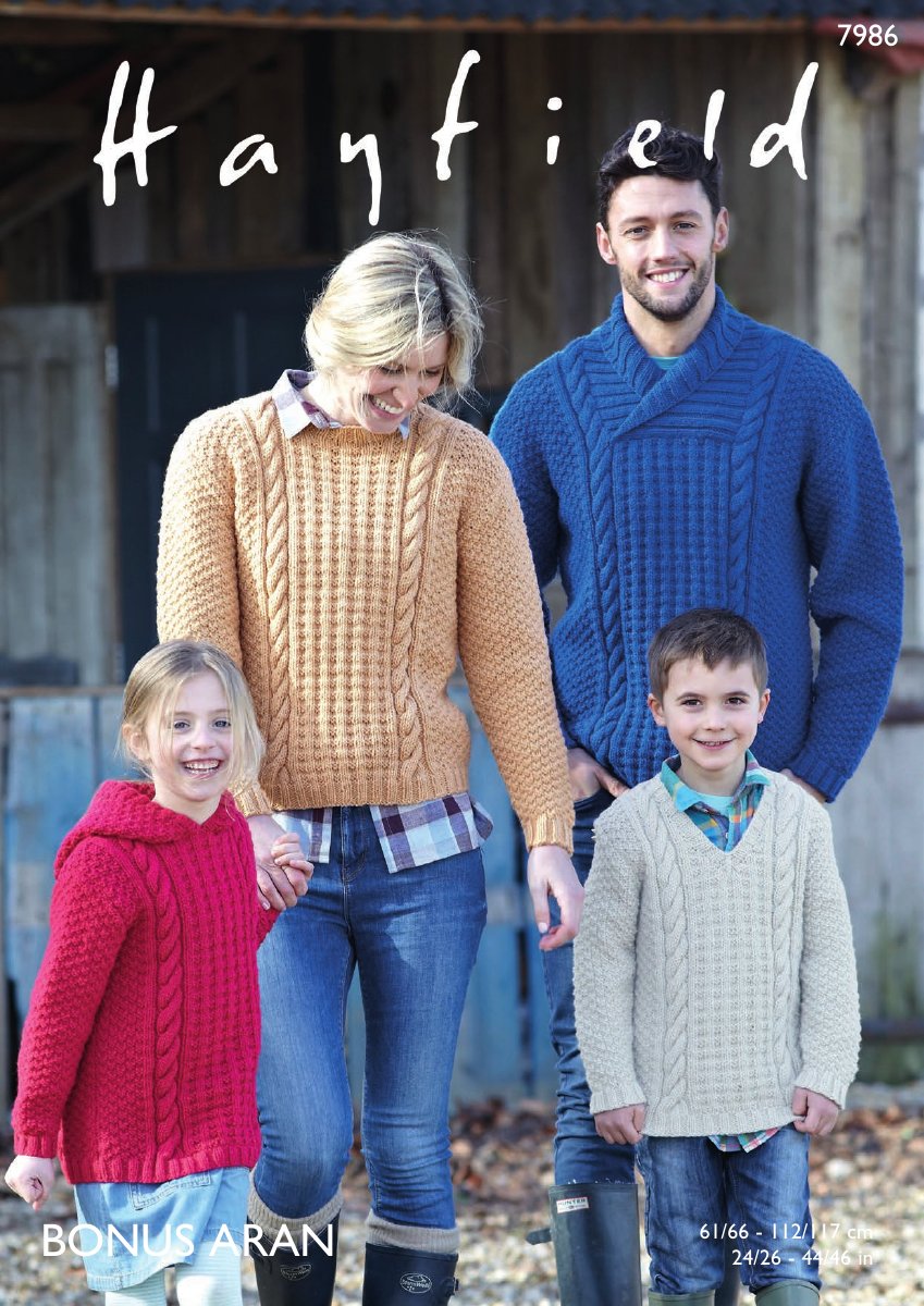 Hayfield 7986 Family Sweaters in Bonus with Wool Aran pattern cover