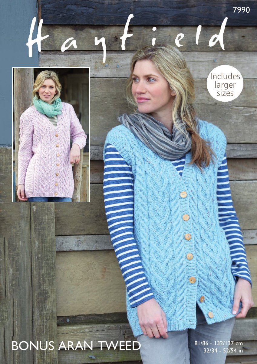 Hayfield 7990 Longline Waistcoat & Jacket in Bonus Aran Tweed pattern cover