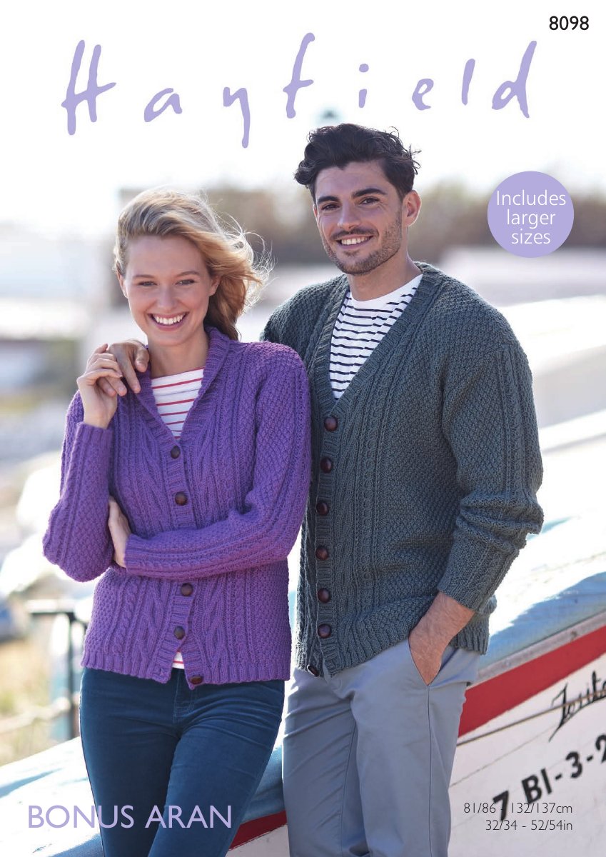 Hayfield 8098 V Neck and Shawl Collar Cardigans in Bonus with Wool Aran pattern cover
