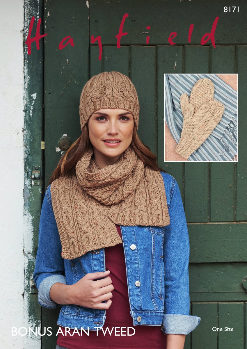 Hayfield 8171 Scarf, Hat and Mittens in Bonus Aran Tweed pattern cover