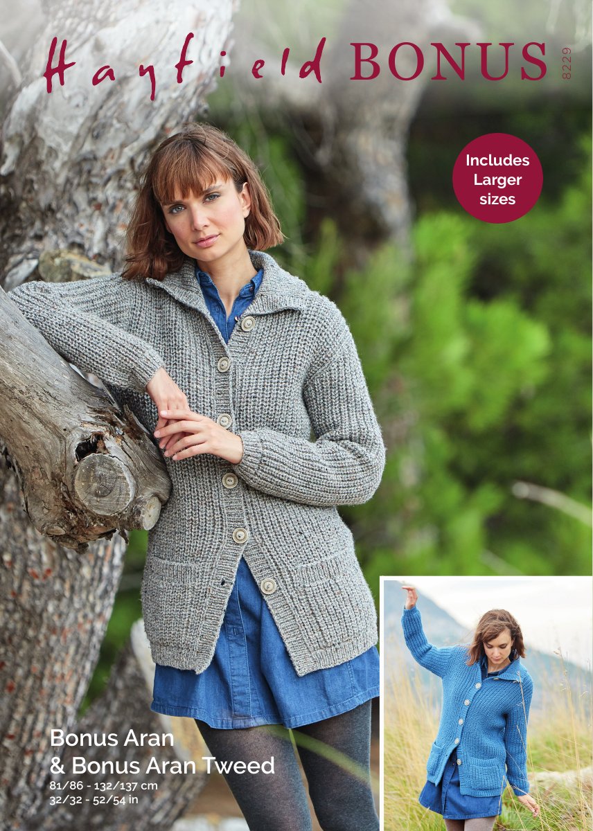 Hayfield 8229 Cardigans in Bonus Aran Tweed pattern cover