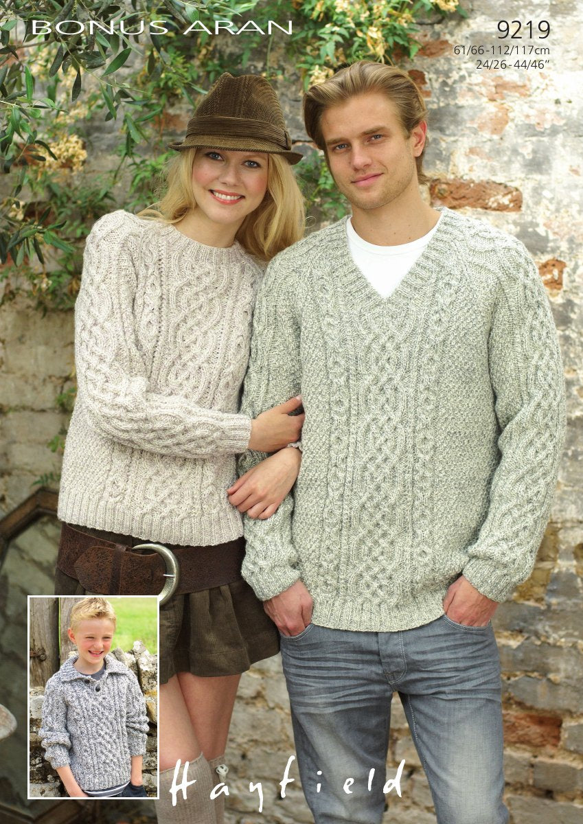 Hayfield 9219 Sweaters in Bonus with Wool Aran pattern cover