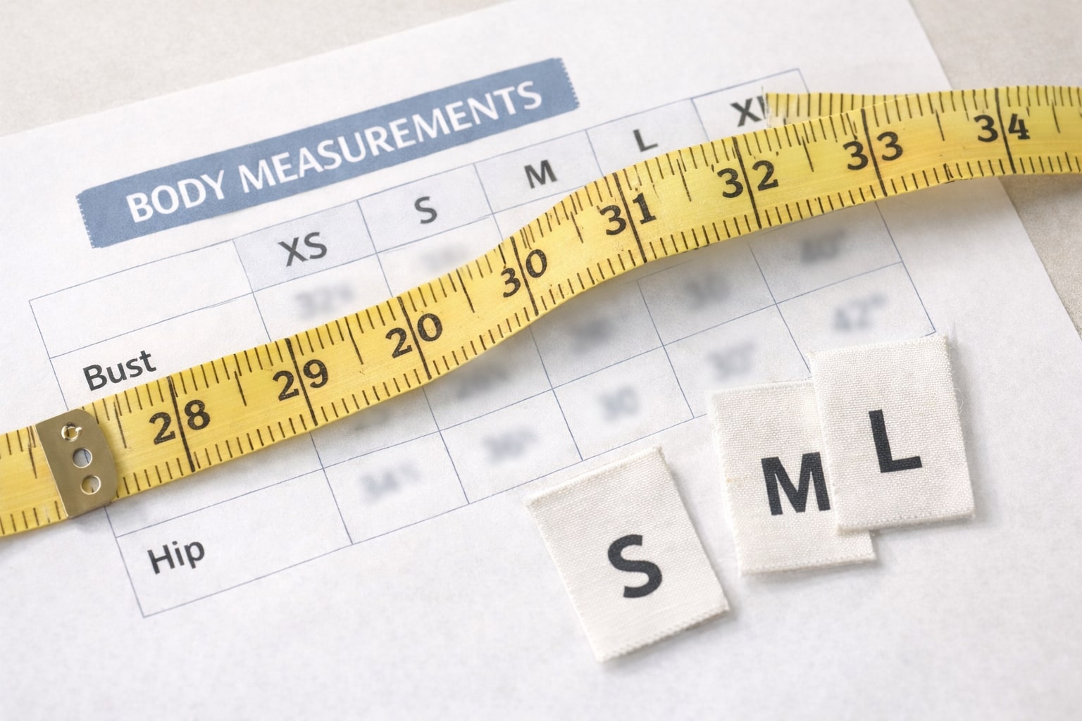 Measuring tape and body measurement chart contrasted with generic clothing size labels